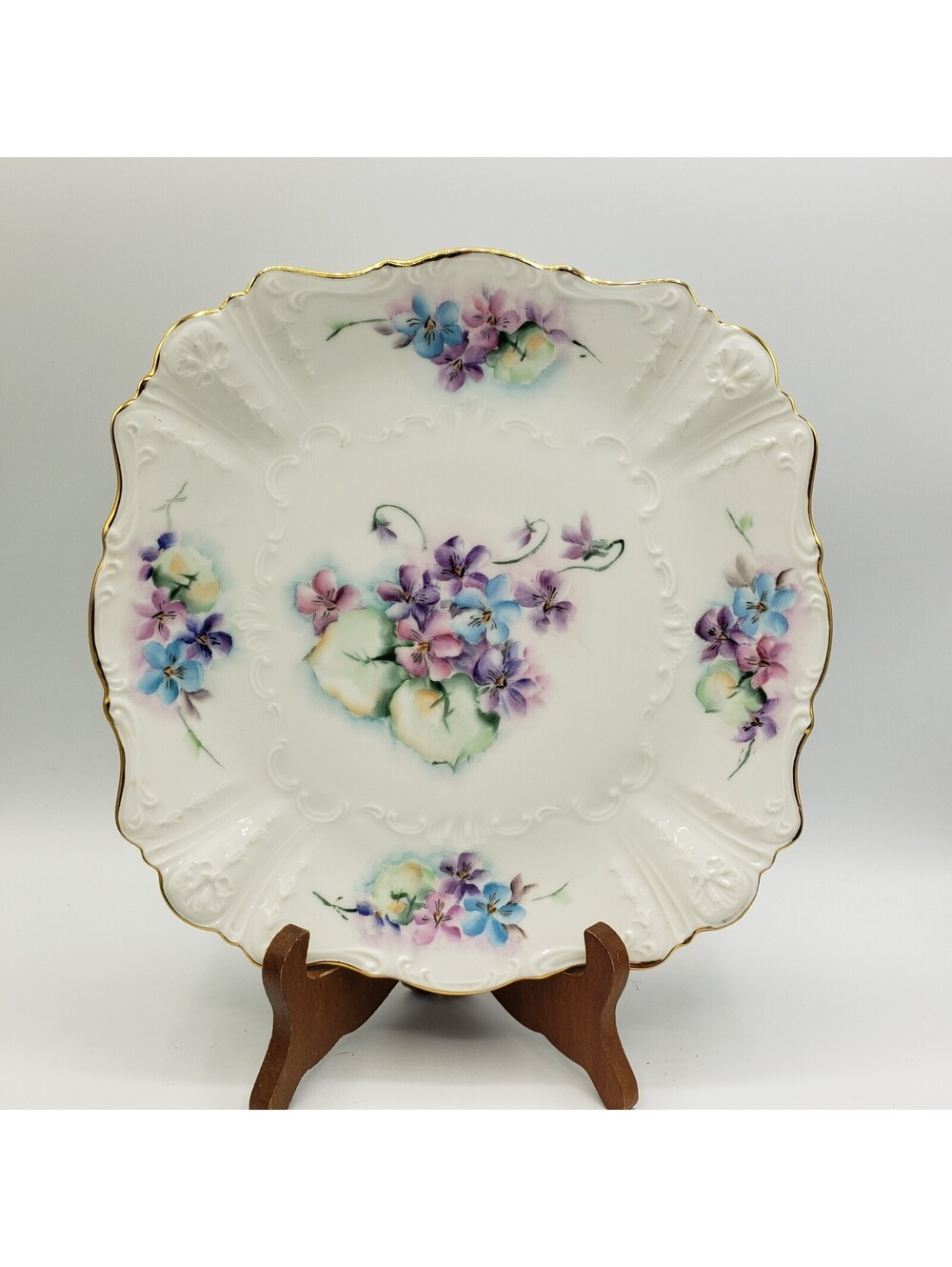 Vintage Hand Painted Porcelain Plate Wall Hang Pastel Floral Cake Dessert Square